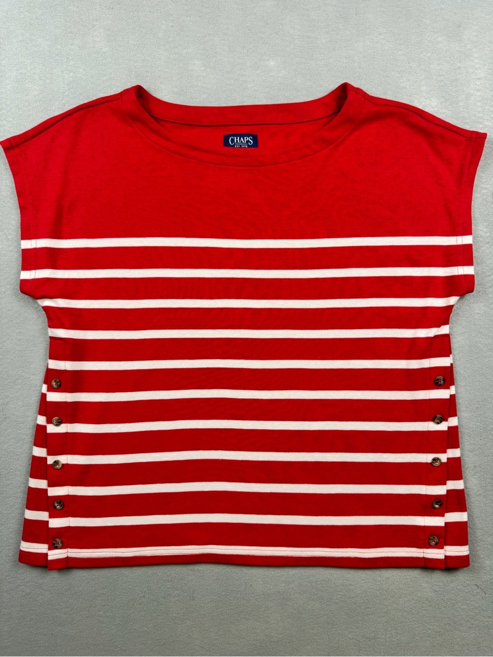 Chaps Classic Womens Large Red White Stripe Blouse Cap Sleeve Top Side Buttons